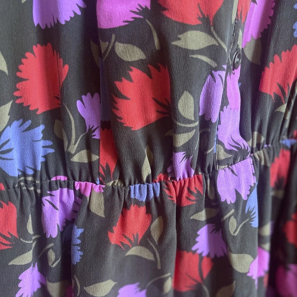 J.Crew Vibrant Floral Flutter Sleeve Black Silk Button Front‎ MIDI Dress  2